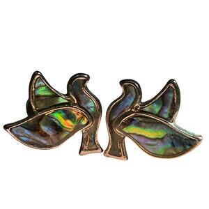 Vintage abalone dove bird stud earrings silver tone